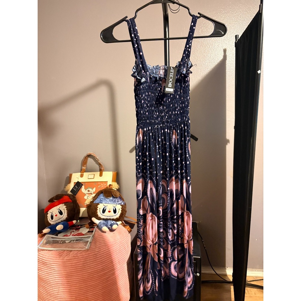 Docele BOHO Dark Blue with Pink Floral Design Sun Dress Sz L